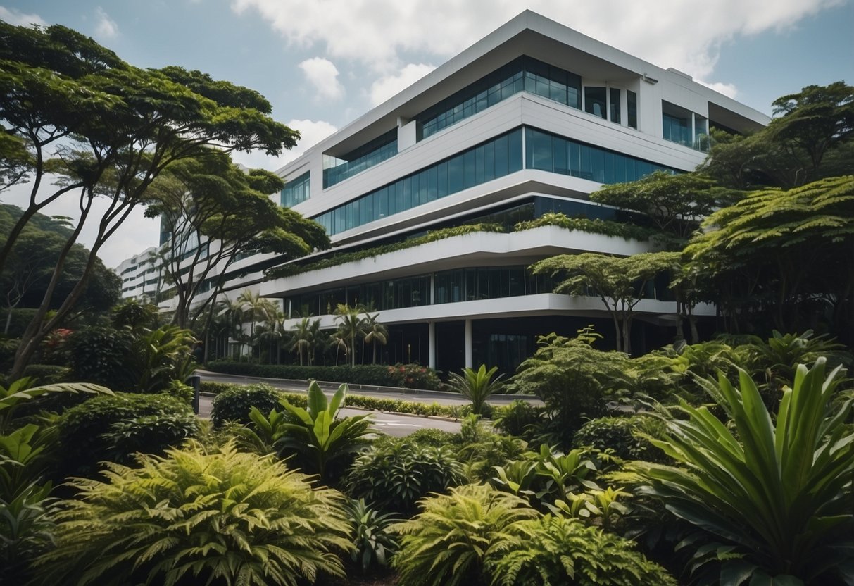 A modern hotel on Bideford Road, Singapore, with a sleek facade and lush greenery in the surrounding area