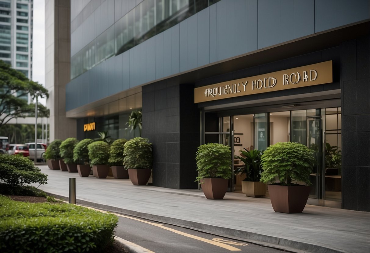 Cars line up outside a modern building with a sign that reads "Frequently Asked Questions, Bideford Road, Singapore." A steady stream of people enter and exit the building