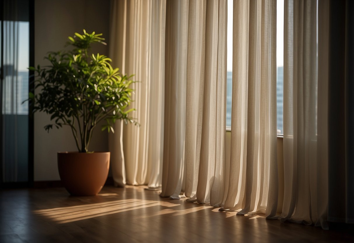 The blind curtain in Singapore billows gently in the breeze, casting dappled shadows across the room. The sunlight filters through, creating a warm and inviting atmosphere
