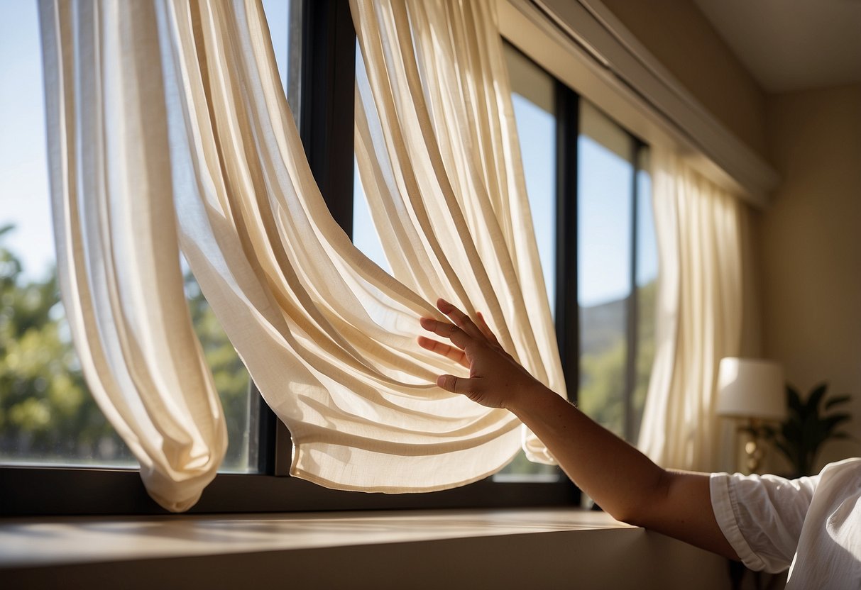 A hand reaches for a sleek, modern blind while a flowy curtain billows in the breeze, showcasing a variety of options for window treatments