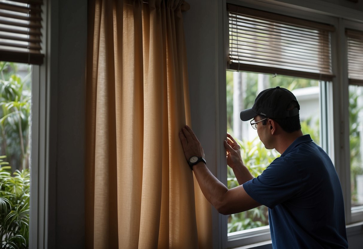 A technician installs and maintains a blind curtain in a Singaporean home