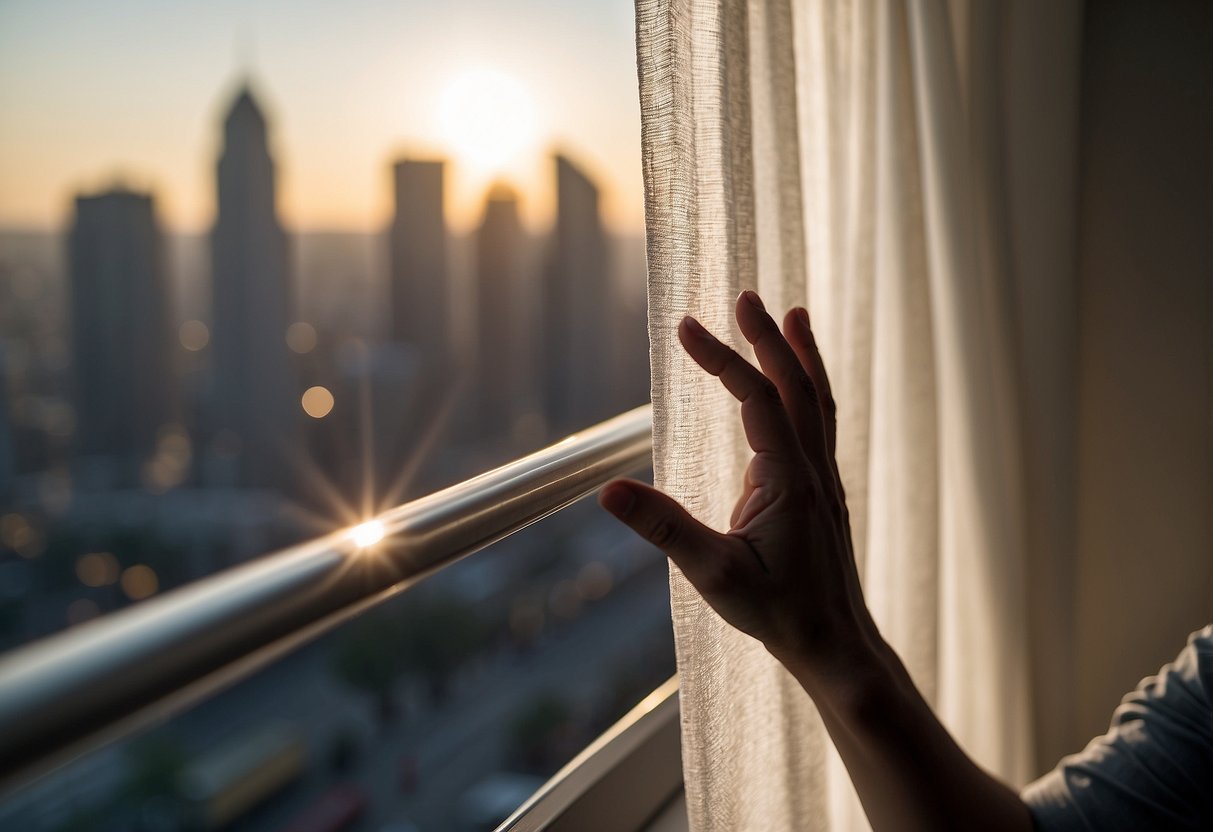 A hand reaching out to pull back a sheer white curtain, revealing a city skyline through a window