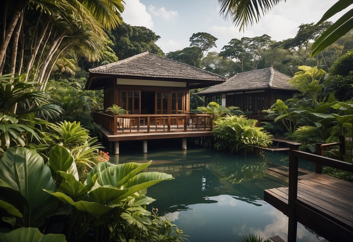 A bungalow in Singapore, surrounded by lush tropical greenery and a serene garden with a small pond and a traditional wooden veranda