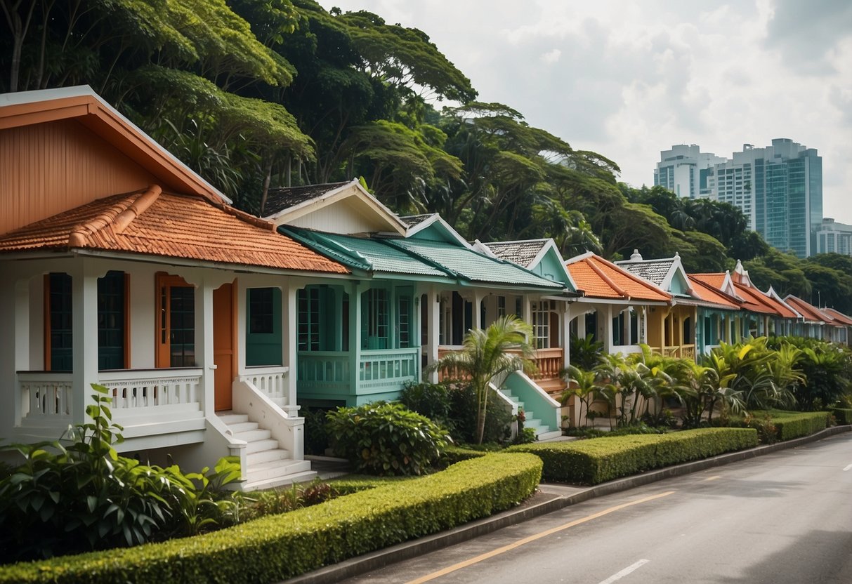 A row of colorful bungalows nestled among lush greenery in a quiet Singapore neighborhood. The unique architectural details and vibrant landscaping showcase the charm of these traditional homes