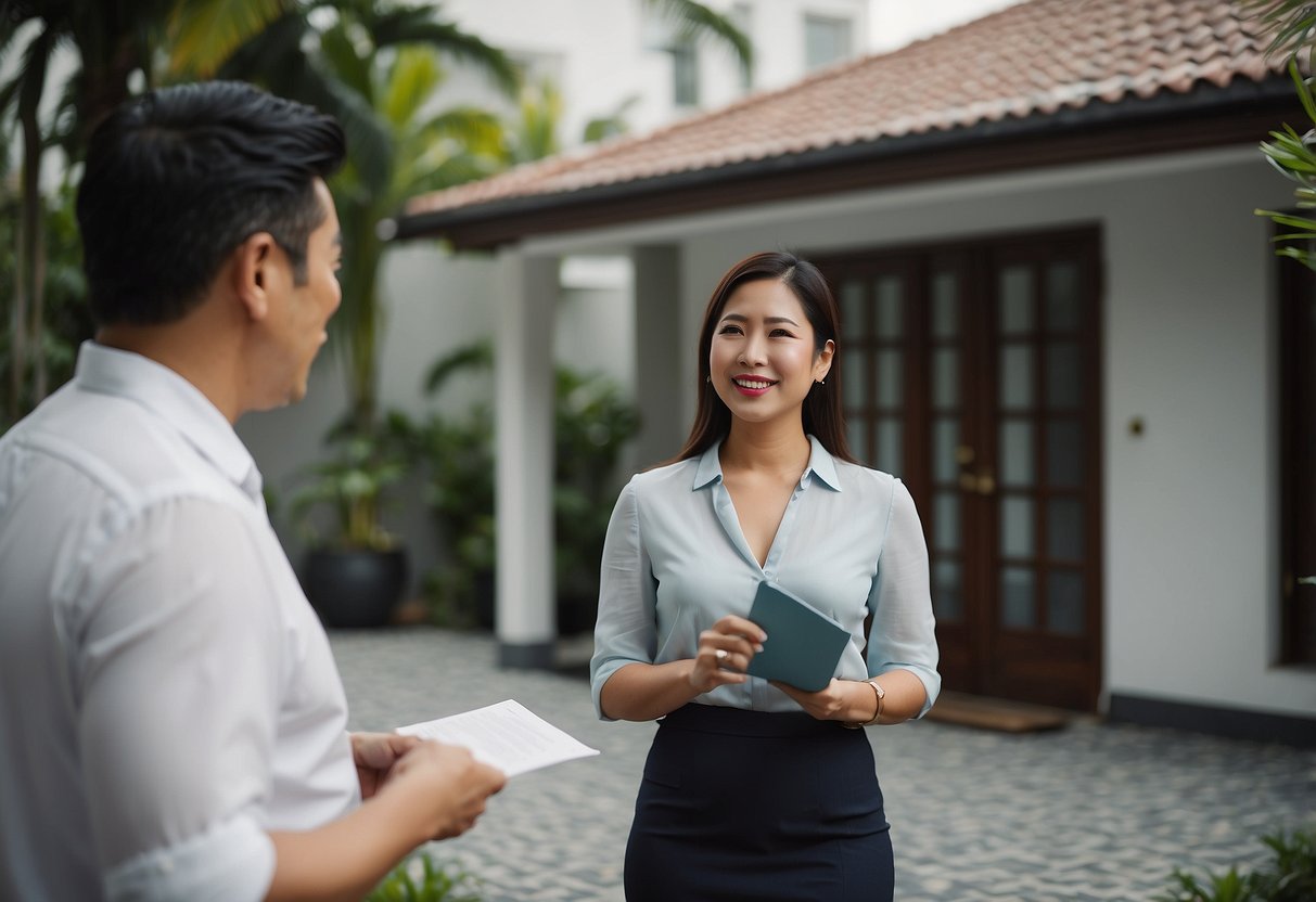 A real estate agent showing a bungalow to potential buyers in Singapore. The agent presents the property's features and highlights its selling points