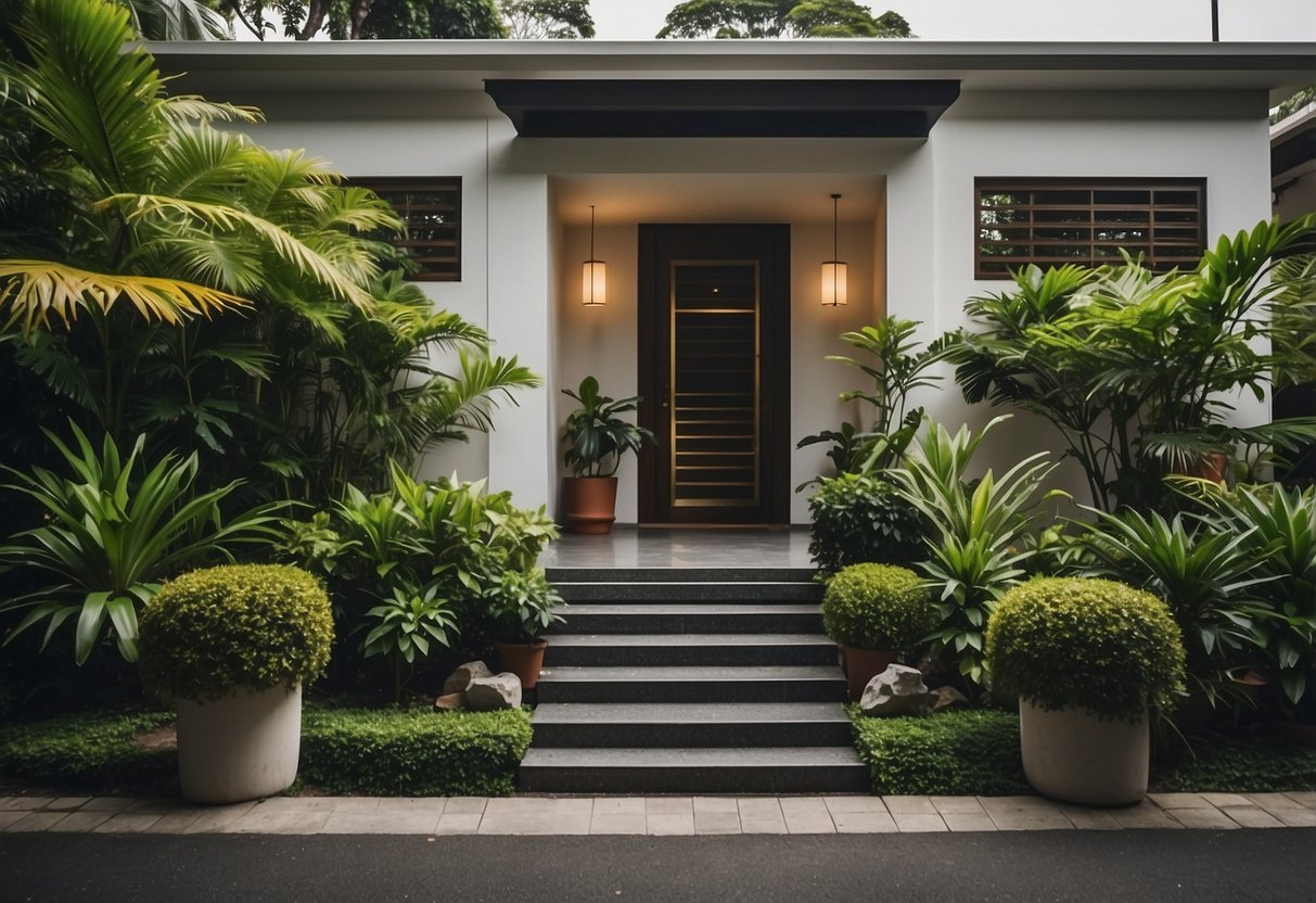 The bungalow in Singapore is surrounded by lush greenery, with a modern design and a sign that reads "Frequently Asked Questions."