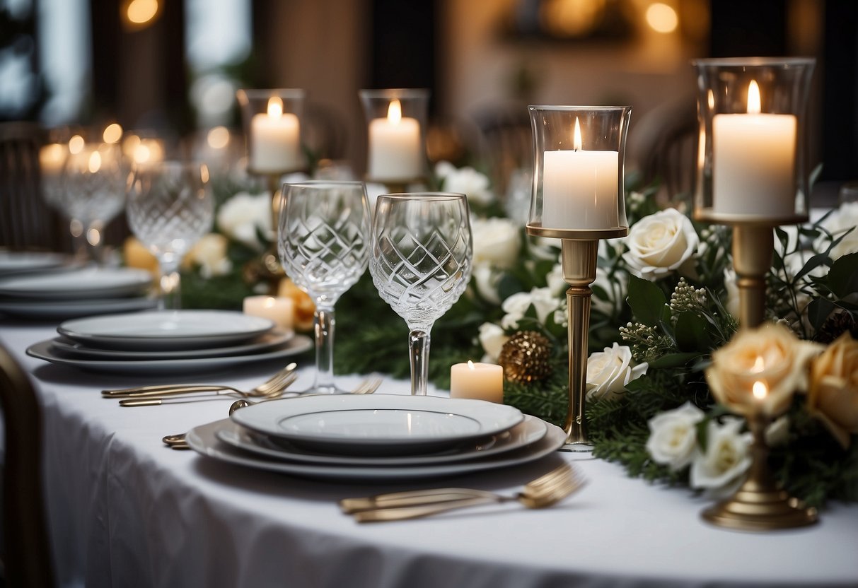 A banquet table adorned with elegant dishes and cutlery, surrounded by stylish chairs and decorative centerpieces