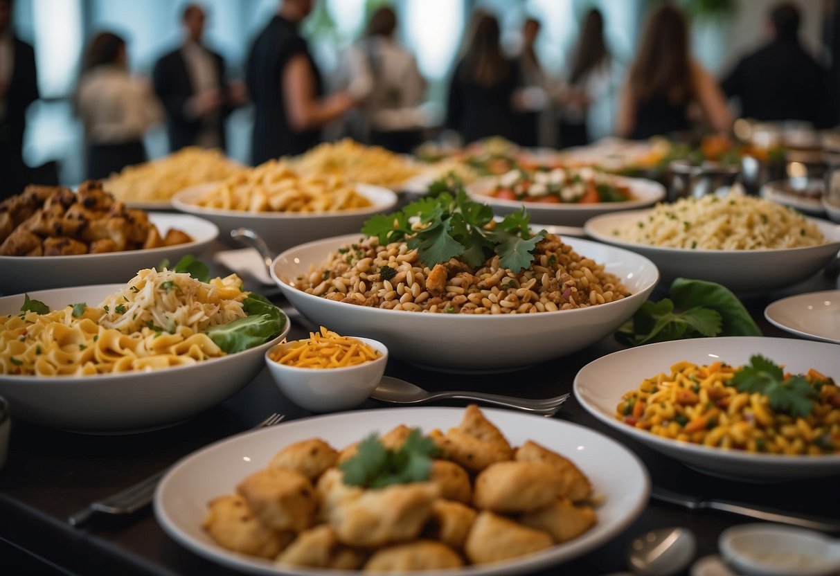 A buffet spread with a variety of international cuisines, elegant table settings, and professional staff serving guests at an event