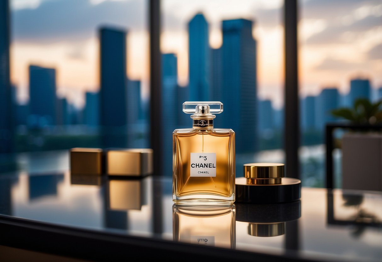 A bottle of Chanel perfume stands on a sleek, modern vanity in a luxurious Singapore hotel suite. The city's skyline is visible through floor-to-ceiling windows