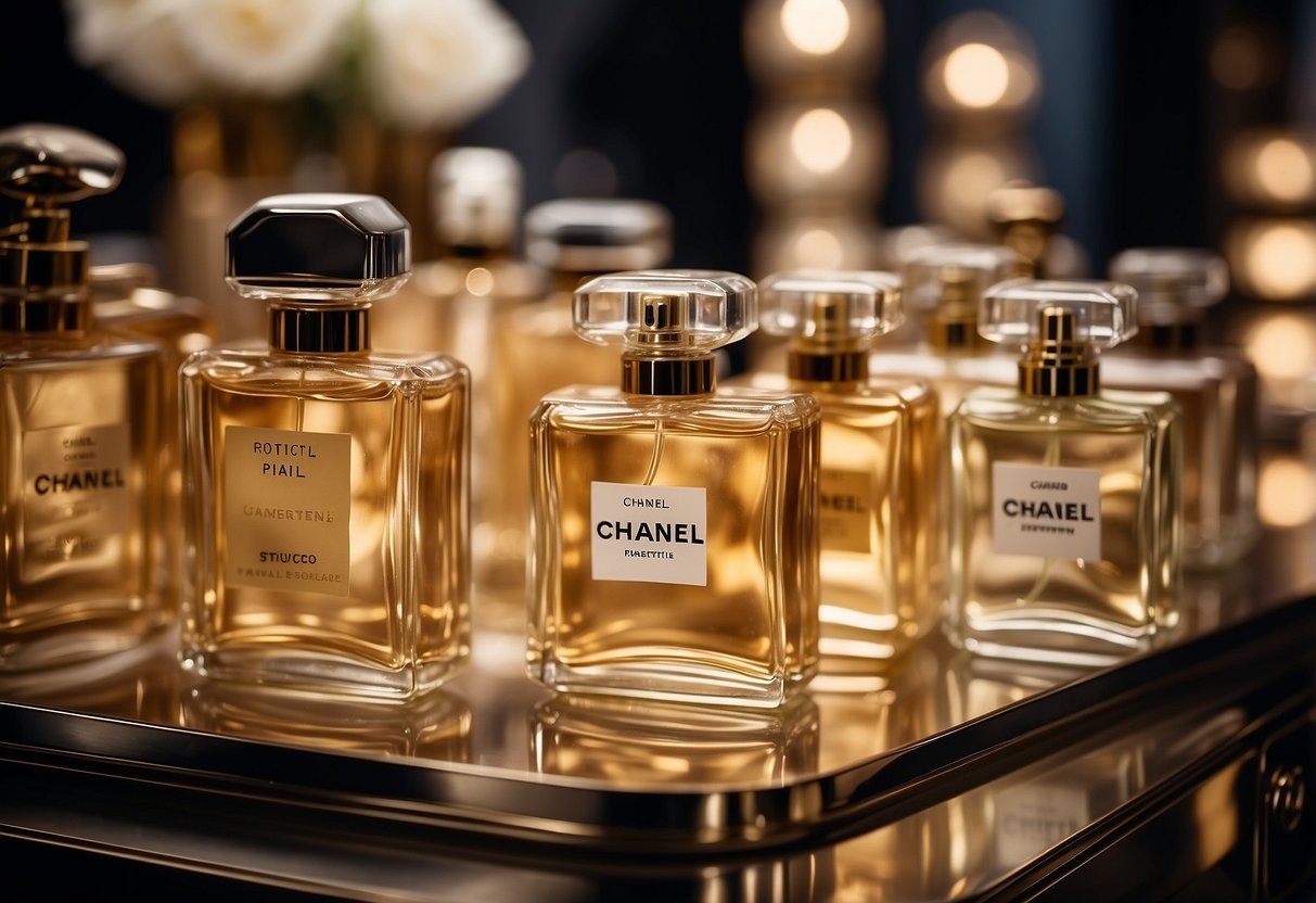 A display of vintage Chanel perfume bottles arranged on a luxurious vanity, with soft lighting highlighting their elegant designs and iconic branding