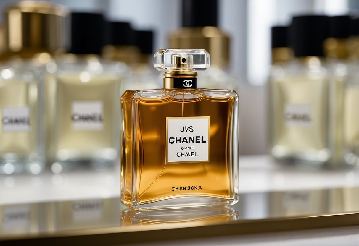 A hand reaches for a bottle of Chanel perfume in a luxurious Singapore boutique, surrounded by elegant displays and soft lighting