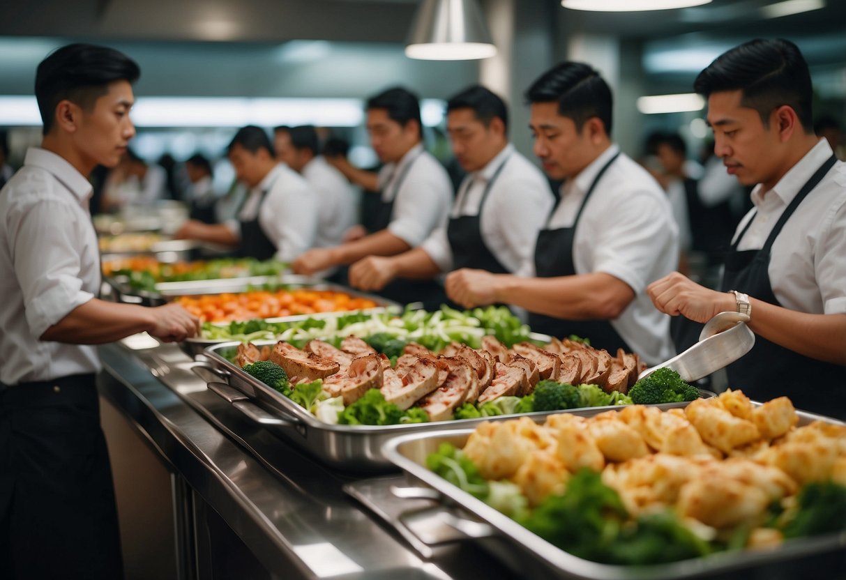 A bustling catering service in Singapore, with a line of customers asking questions and staff members busy preparing food and setting up tables