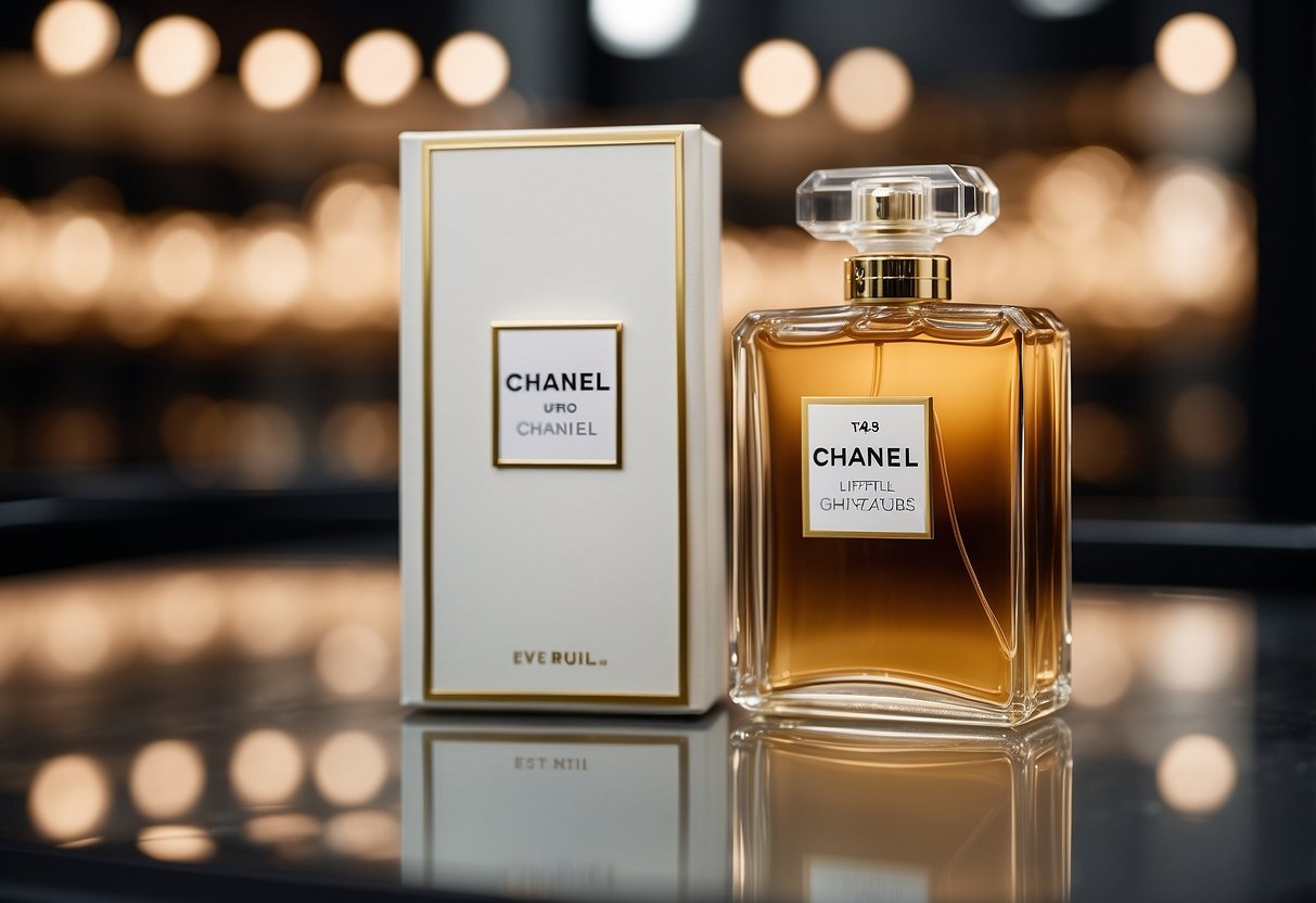 A sleek bottle of Chanel perfume sits on a glass display, surrounded by elegant packaging and a sign reading "Frequently Asked Questions."