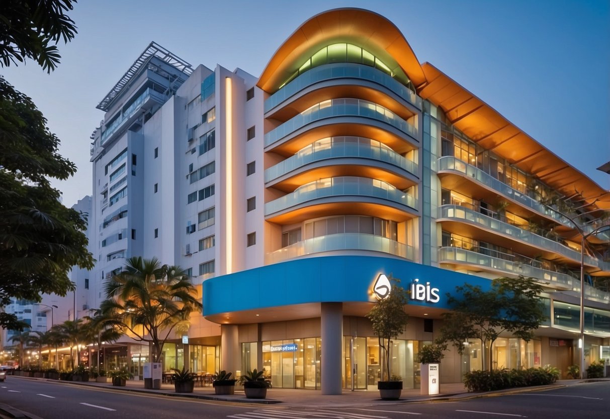 The ibis budget Singapore Clarke Quay features a modern, minimalist facade with clean lines and a bold color scheme