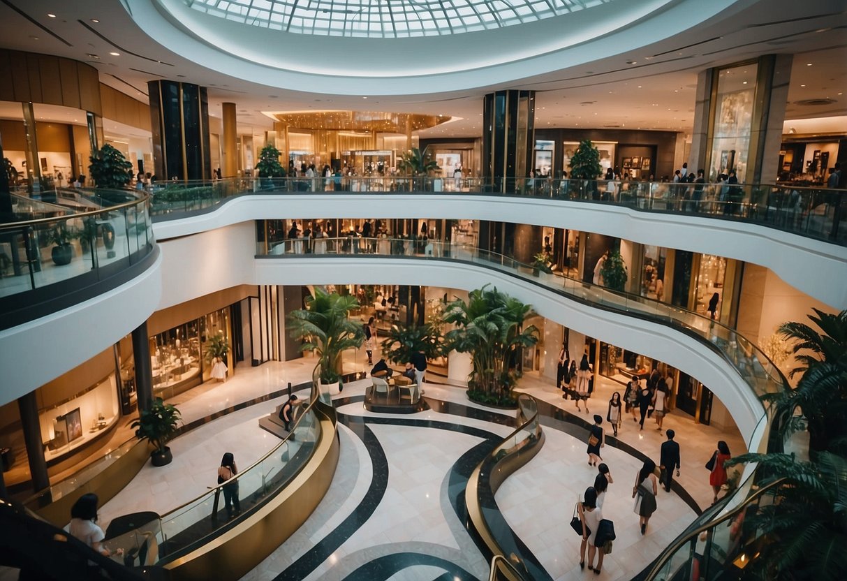 Shoppers browsing luxury boutiques at Paragon shopping centre, Singapore. Vibrant displays and fashion-forward designs create a stylish atmosphere