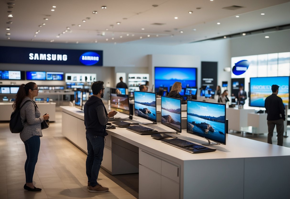 Customers exploring latest Samsung products in modern, spacious store with interactive displays and knowledgeable staff