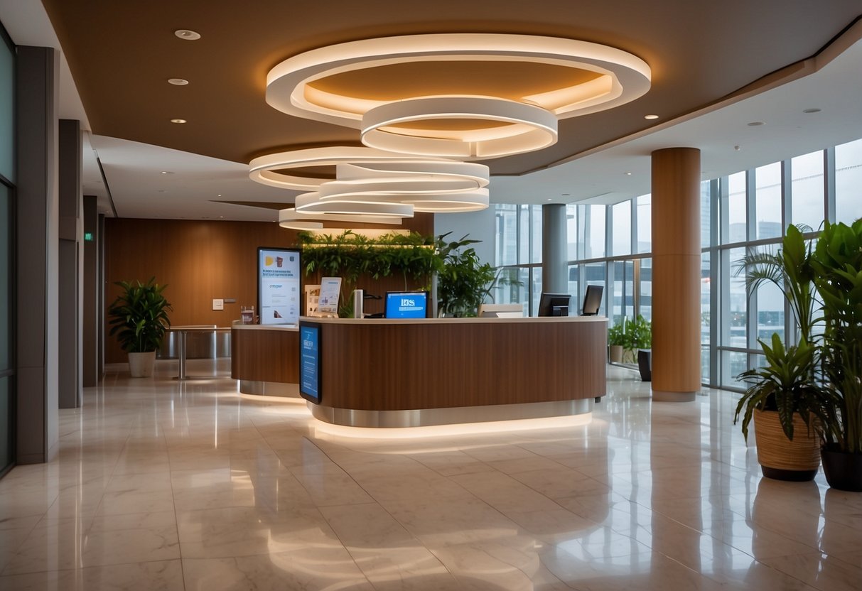 The scene features a modern lobby with a reception desk, comfortable seating areas, and a display of hotel amenities and services. A sign prominently advertises the ibis budget singapore clarke quay