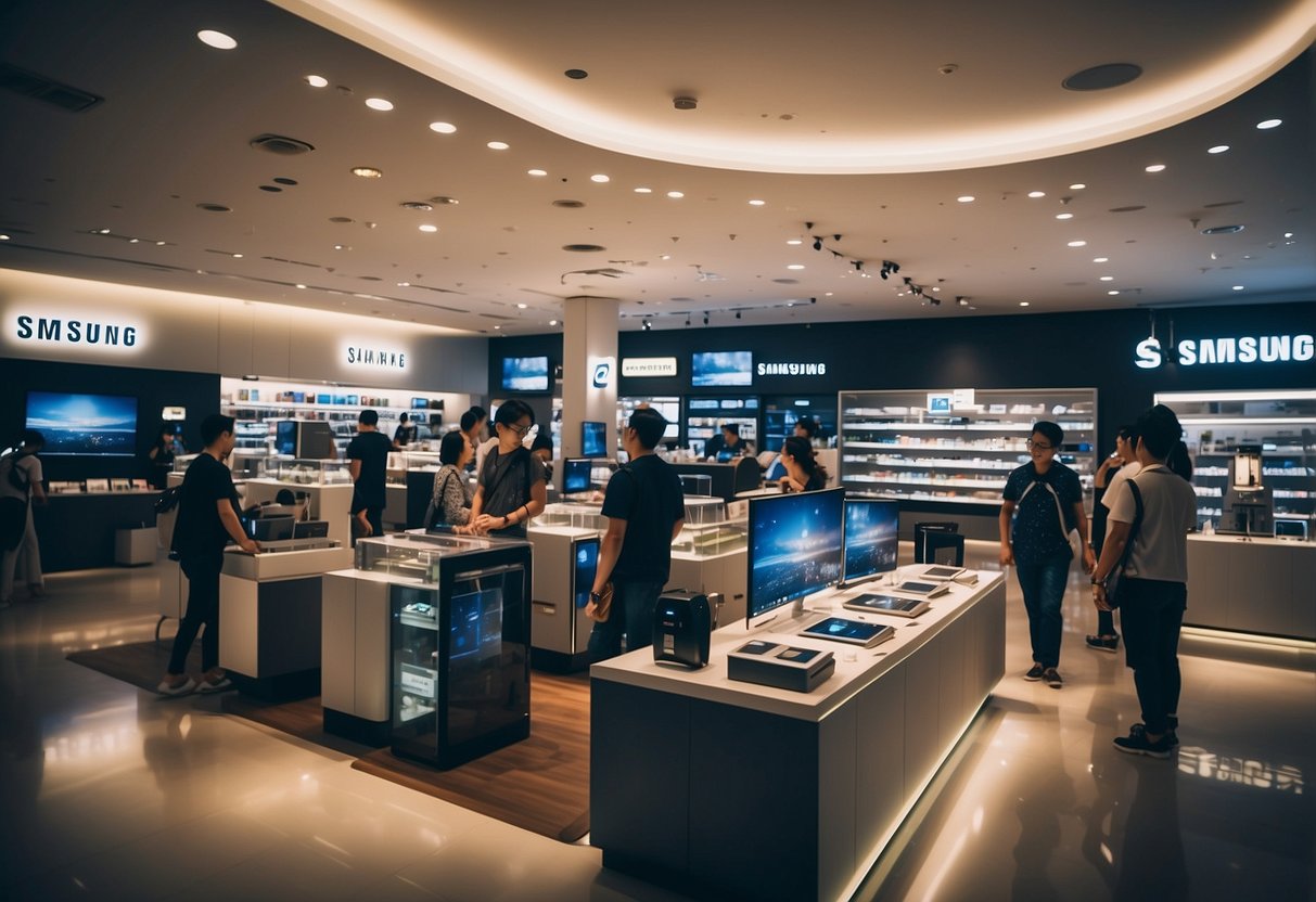 A bustling Samsung store in Singapore, with vibrant displays and customers exploring the latest products and offers
