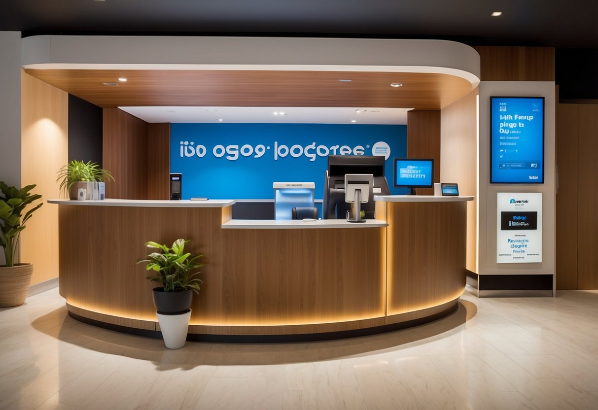 The reception desk at ibis budget Singapore Clarke Quay with a sign displaying booking information and policies. A computer, key cards, and a brochure rack are visible