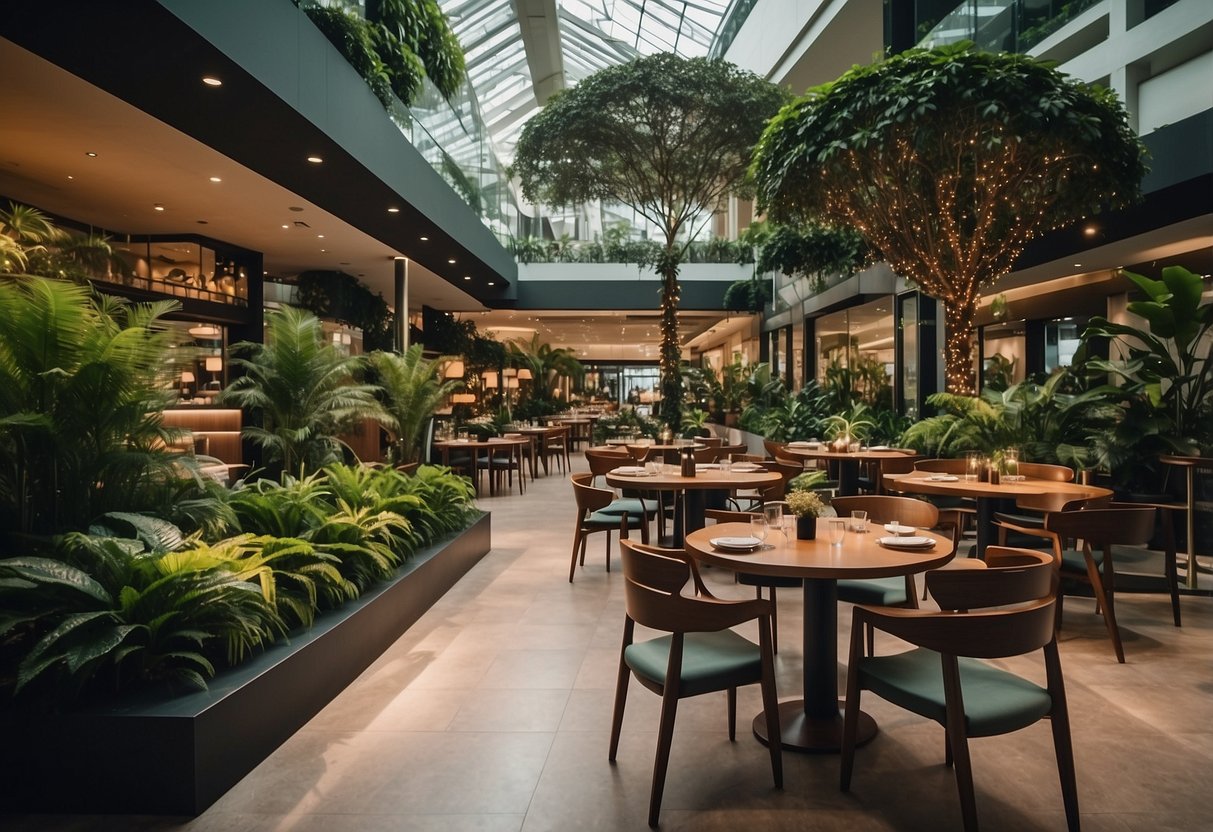 A vibrant dining area with lush greenery and modern decor, nestled within the Paragon shopping center on Orchard Road, Singapore