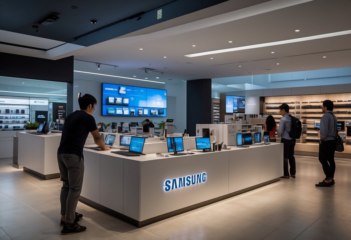 Customers browsing Samsung products at a sleek store in Singapore, with staff assisting and a prominent "Frequently Asked Questions" section