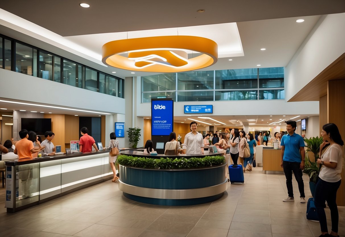 The lobby of ibis budget Singapore Clarke Quay is bustling with guests seeking information, with a prominent "Frequently Asked Questions" sign displayed prominently