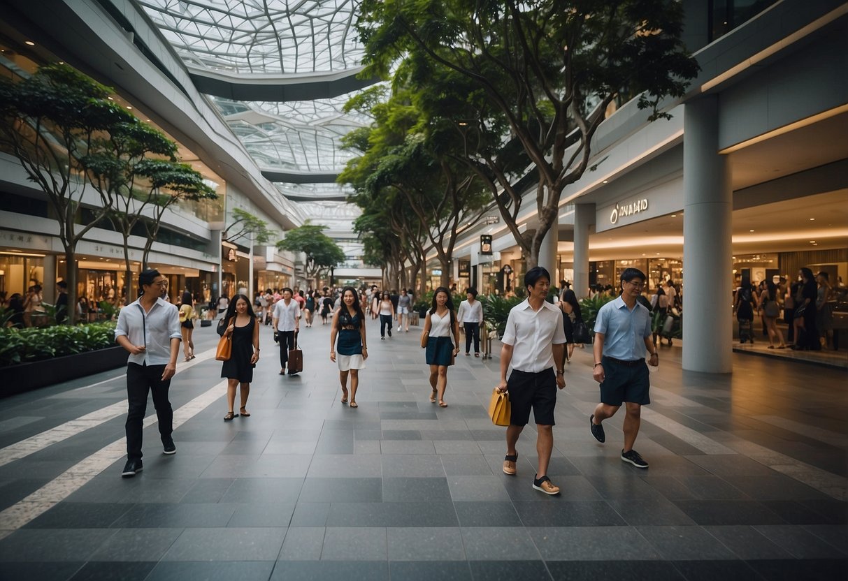 A bustling street lined with luxury shops and vibrant storefronts at Orchard Road Paragon Shopping Centre, Singapore. Pedestrians weave through the crowds, and the air is filled with the buzz of activity