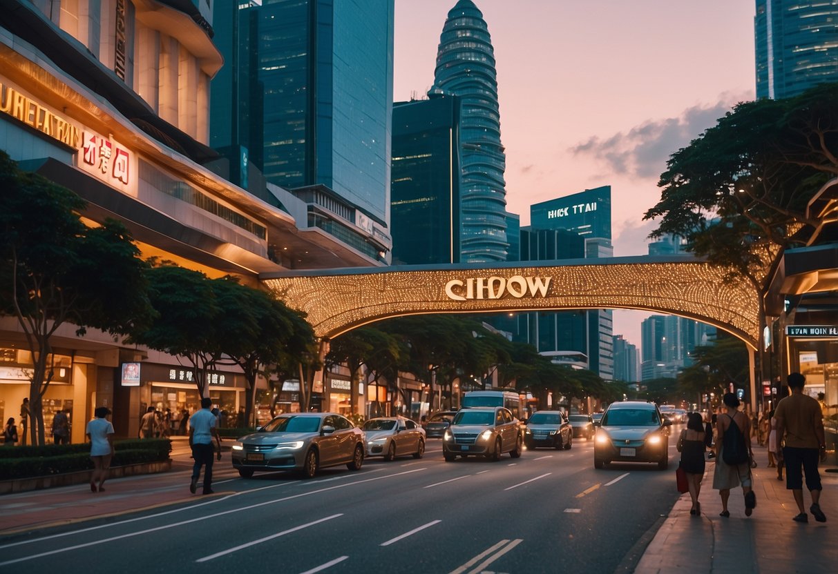 A bustling street in Singapore, with the iconic Chow Tai Fook storefront illuminated against the vibrant cityscape