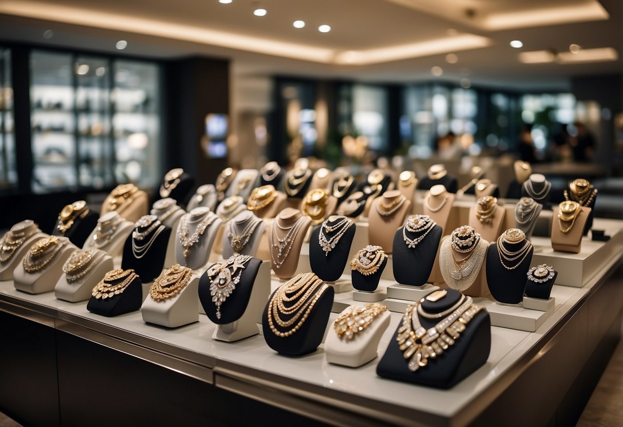 A bustling jewelry store in Singapore, with bright displays and elegant showcases. Shoppers browse the sparkling array of diamonds and precious metals