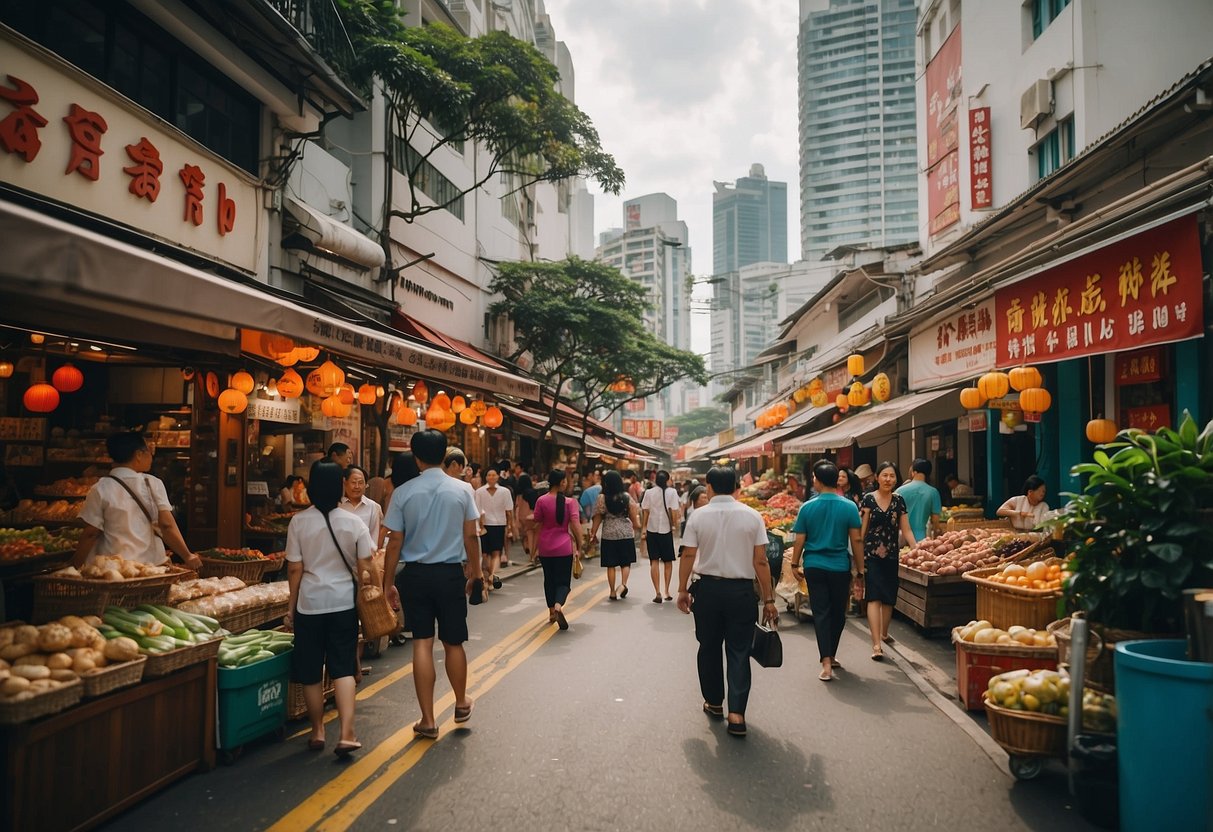 A bustling street in Singapore with a prominent sign for Chow Tai Fook, surrounded by colorful shops and a mix of locals and tourists