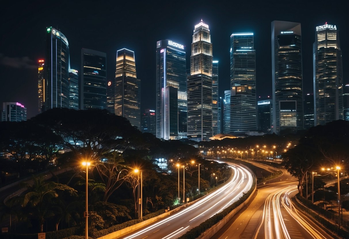 Busy streets of Singapore, with towering skyscrapers, bustling traffic, and vibrant city lights at night