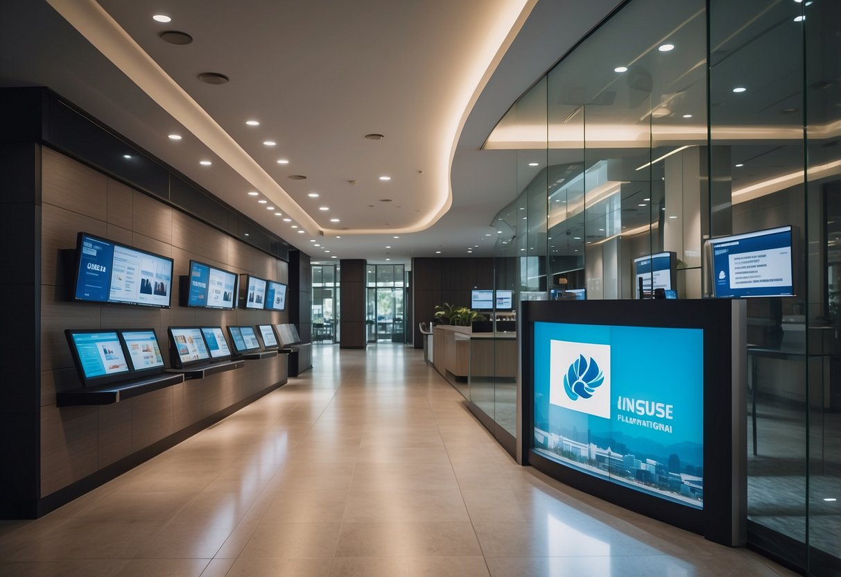A modern bank branch in Singapore, with sleek design, digital screens, and friendly staff assisting customers with various banking services