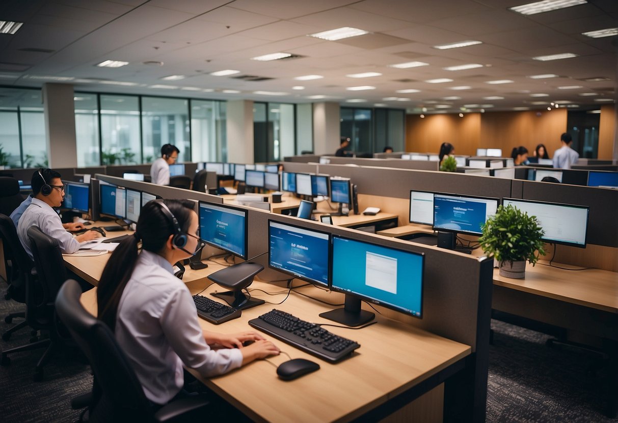 A bustling call center with staff assisting customers in a modern office setting at Citi Singapore