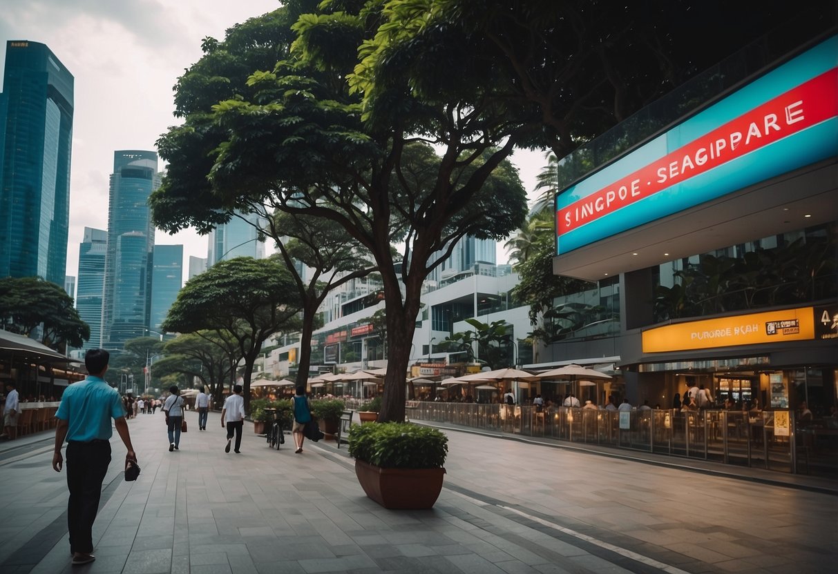 A bustling cityscape with iconic Singapore landmarks and a prominent "Frequently Asked Questions" sign displayed in a public area