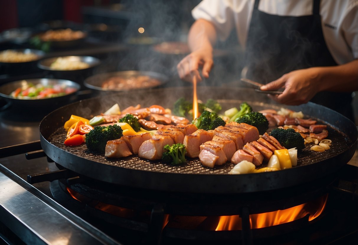 A sizzling teppanyaki grill with assorted meats and vegetables being cooked by a skilled chef in a bustling Singaporean restaurant