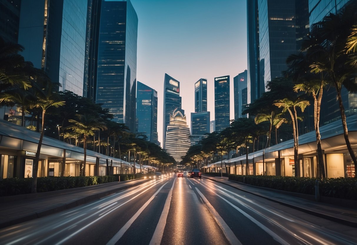 A bustling city street with iconic Singapore landmarks, featuring the American Express logo prominently displayed on a modern building