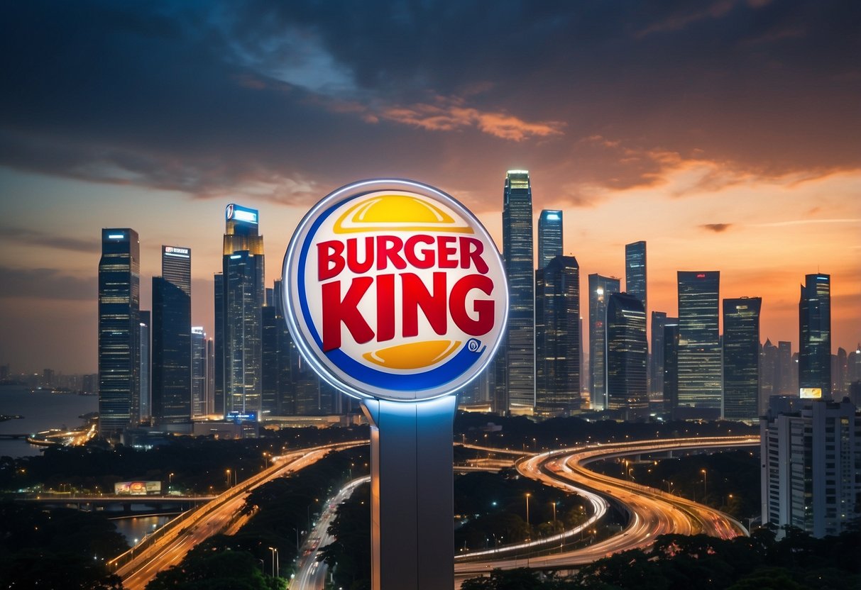 The Burger King sign shines brightly against the Singapore skyline, drawing in hungry customers with its iconic colors and logo