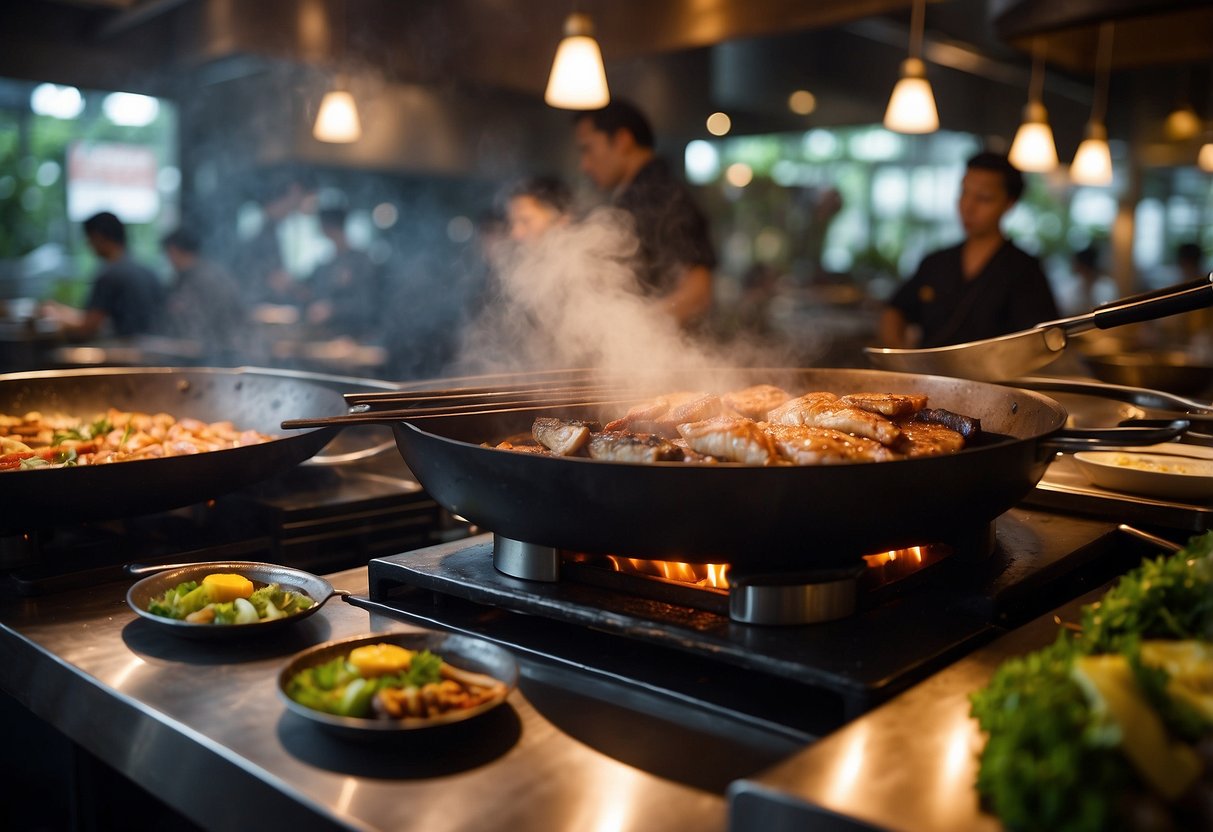 A sizzling teppanyaki grill in a bustling Singapore restaurant, with chefs skillfully cooking and flipping fresh seafood and tender cuts of meat