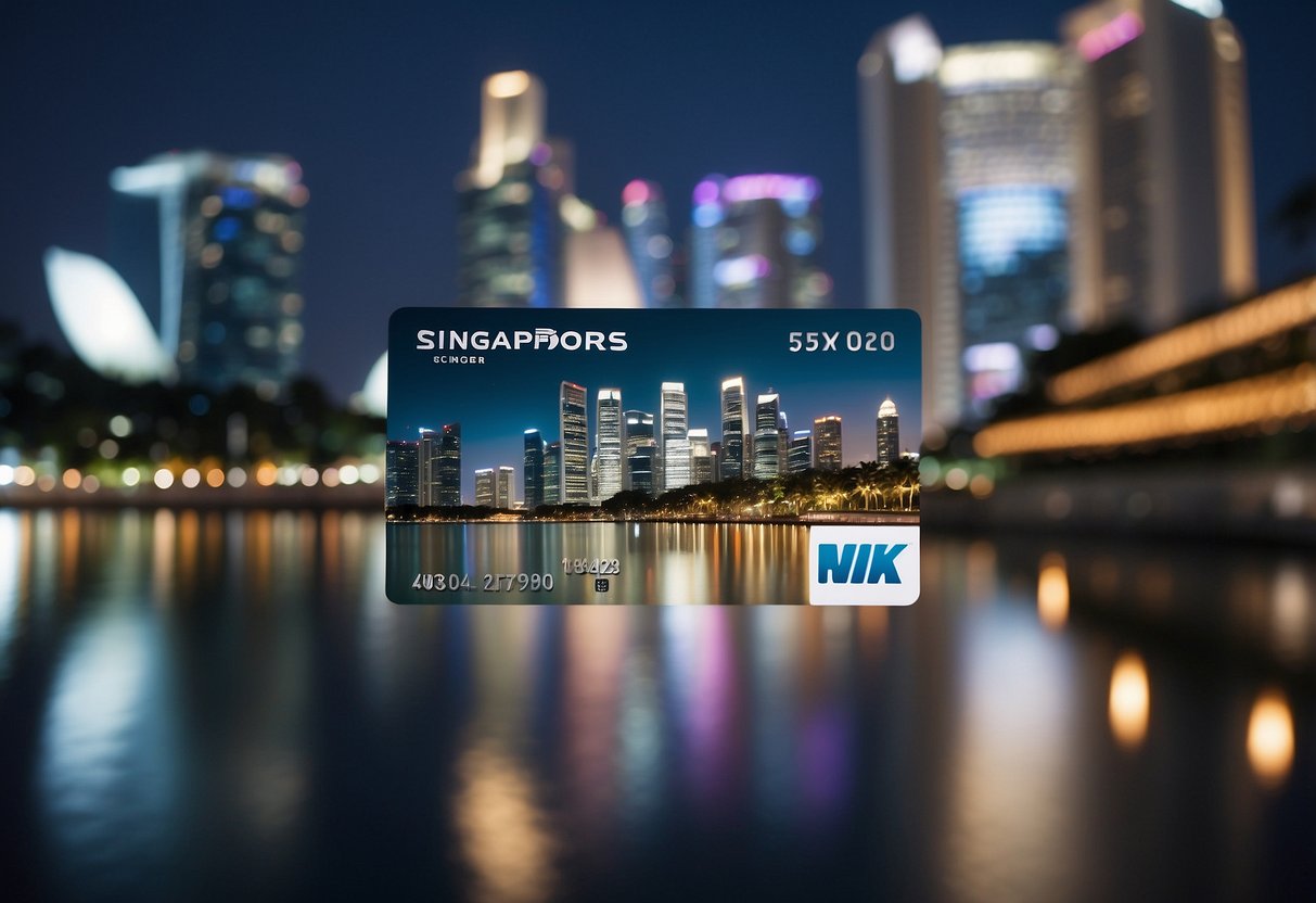 A bustling Singapore cityscape with iconic landmarks, showcasing American Express Card being used at various merchants and attractions