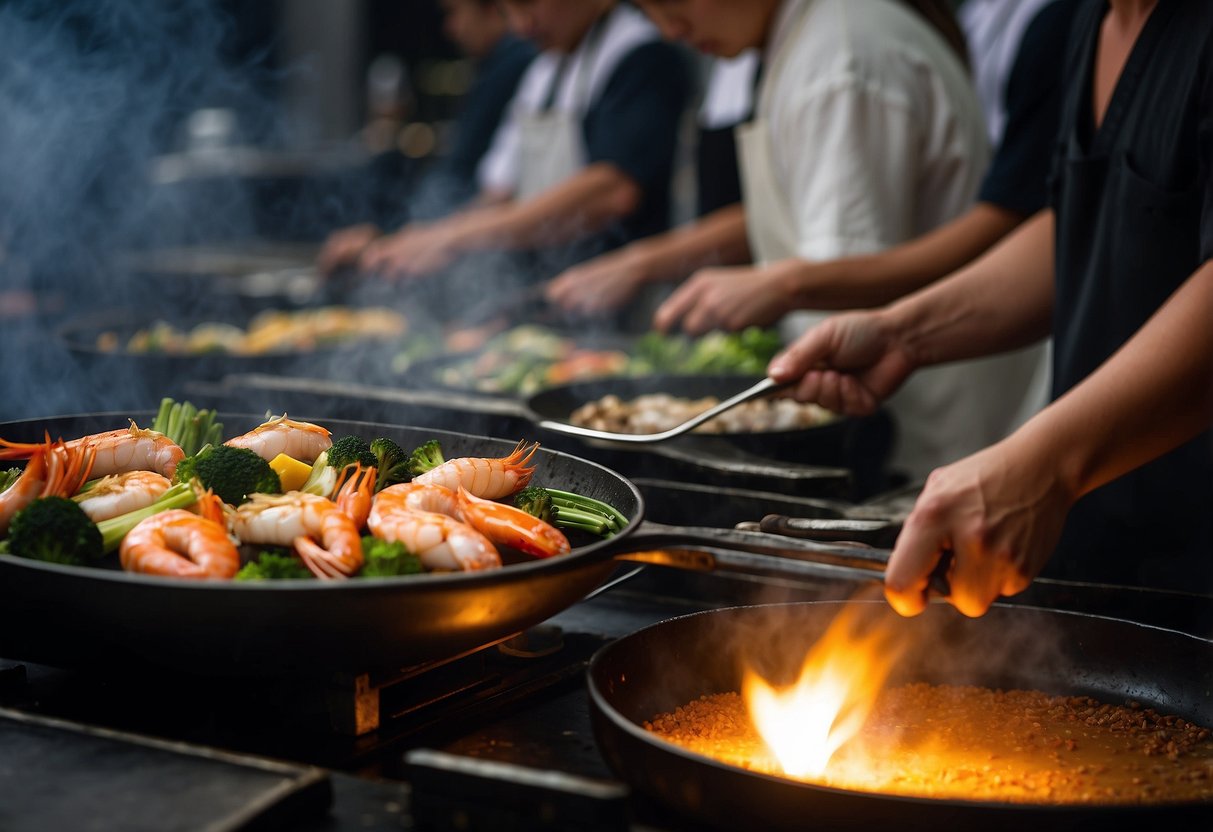 A teppanyaki chef grills seafood and vegetables on a sizzling hot iron griddle, surrounded by diners eagerly watching the culinary show