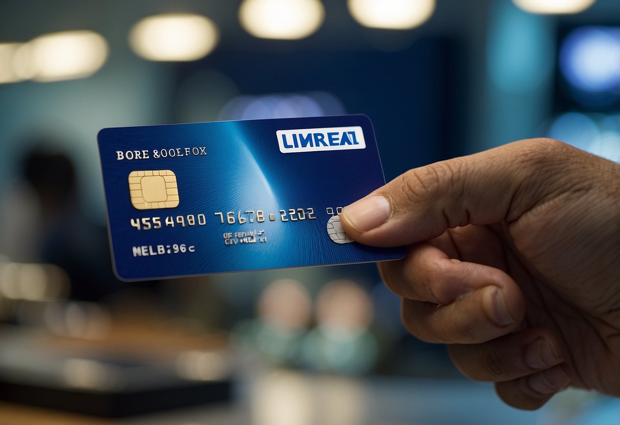A hand swipes an Amex card at a Singaporean merchant. The card's blue and white design stands out against the backdrop of the transaction