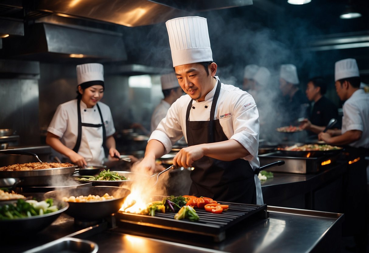 A chef grills teppanyaki in a lively Singapore restaurant, surrounded by eager customers and sizzling ingredients