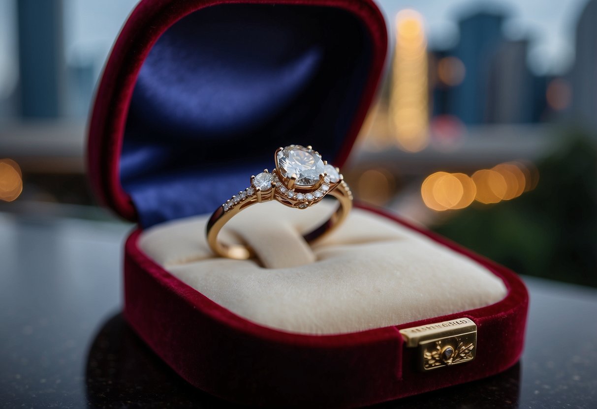 A sparkling diamond engagement ring nestled in a velvet box with a backdrop of iconic Singapore landmarks