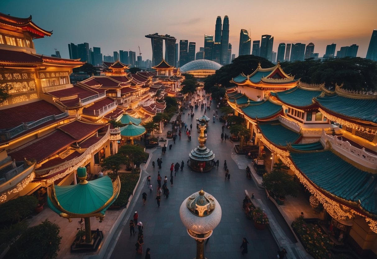 A bustling cityscape with iconic landmarks like the Marina Bay Sands, Gardens by the Bay, and colorful shophouses lining the streets of Chinatown and Little India