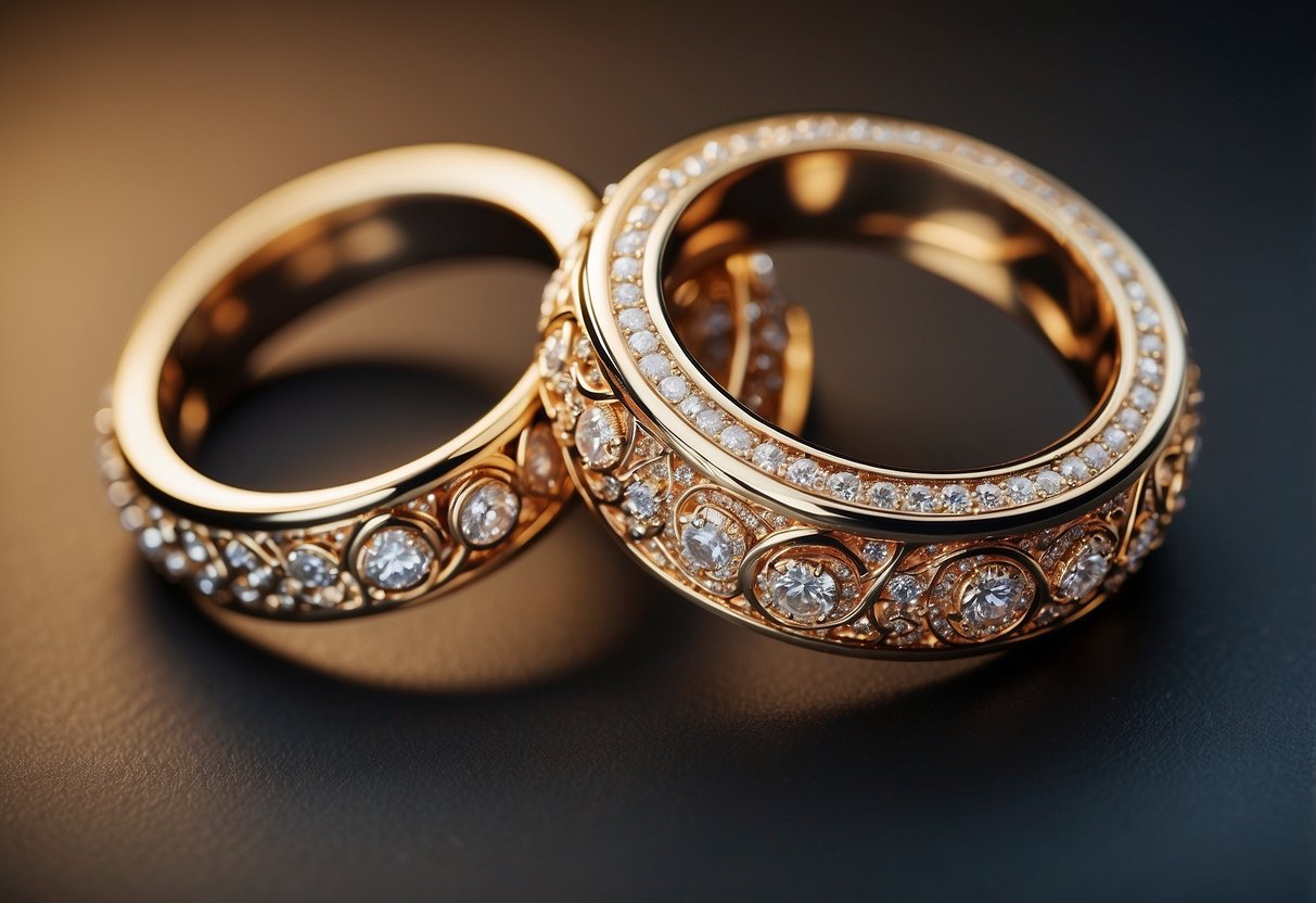 Two elegant and intertwined rings, gleaming under soft lighting, with intricate designs and a subtle sparkle