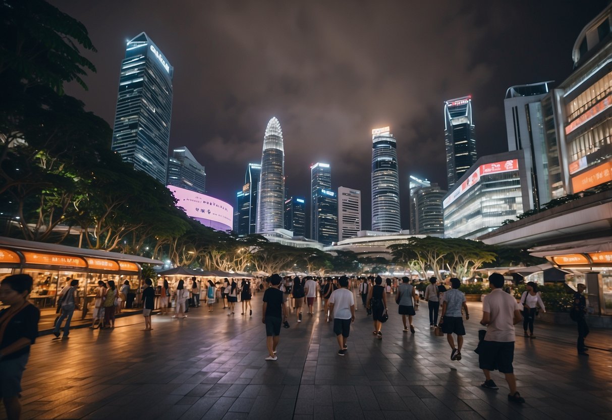 A bustling Singapore street with iconic landmarks and a diverse array of travelers utilizing Ctrip's services