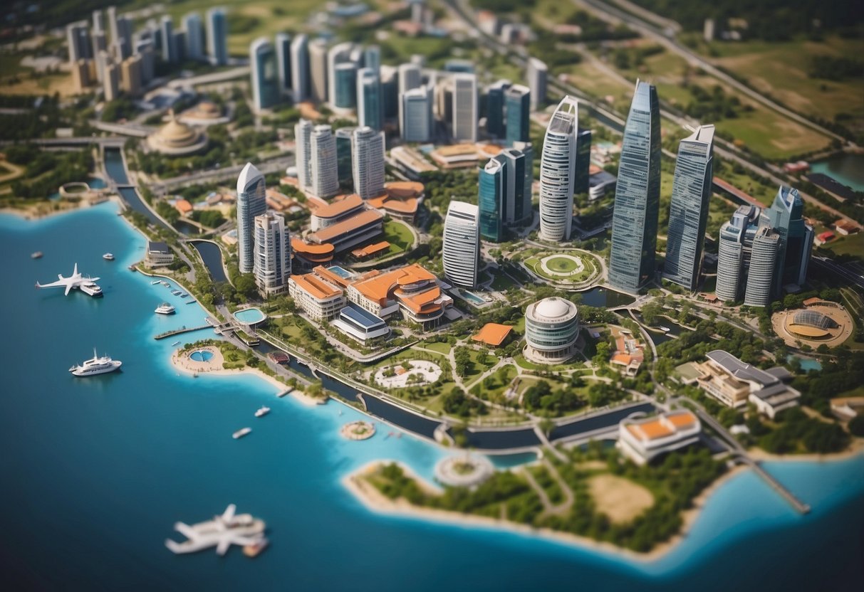 A map of Singapore with landmarks and transportation options, surrounded by travel guides and brochures