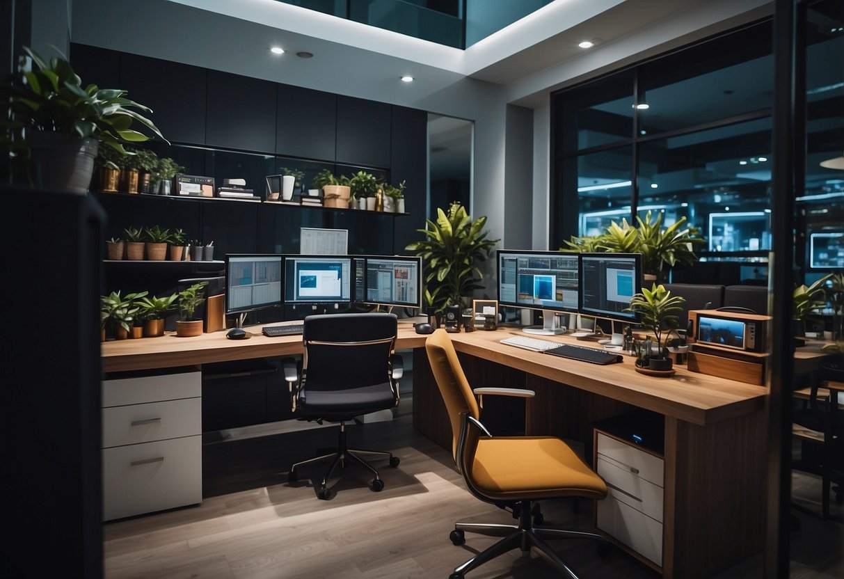 A bustling studio in Singapore showcases various products and services with vibrant colors and modern design elements