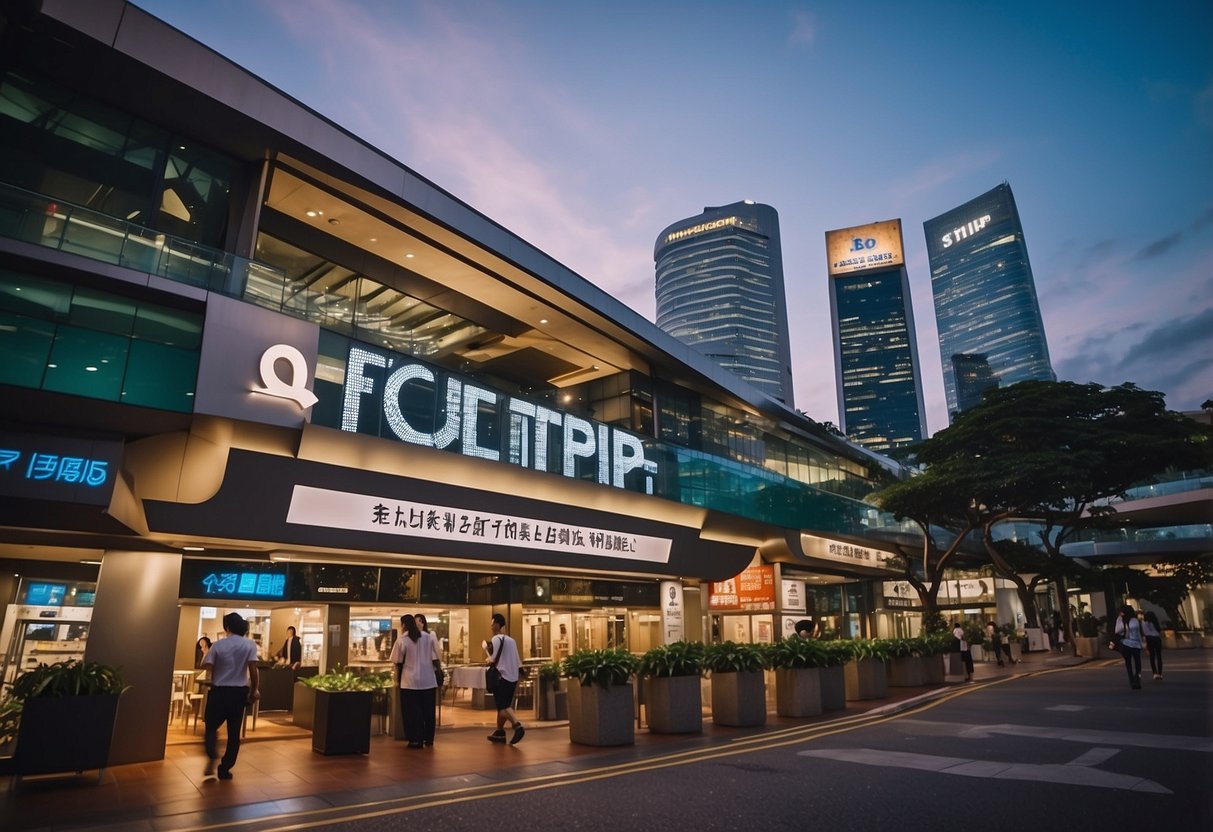 A bustling Singapore street with a prominent sign for "Frequently Asked Questions ctrip" amidst a mix of modern and traditional architecture