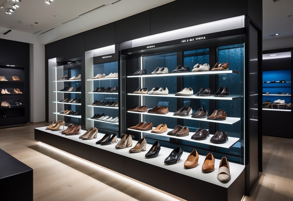 Ecco's product range displayed on sleek shelves in a modern Singapore store. Bright lighting highlights the elegant footwear and accessories